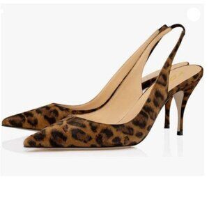 YDN Women Kitten High Heels Pointy Toe Elastic Strap Slingback Sandals Leopard